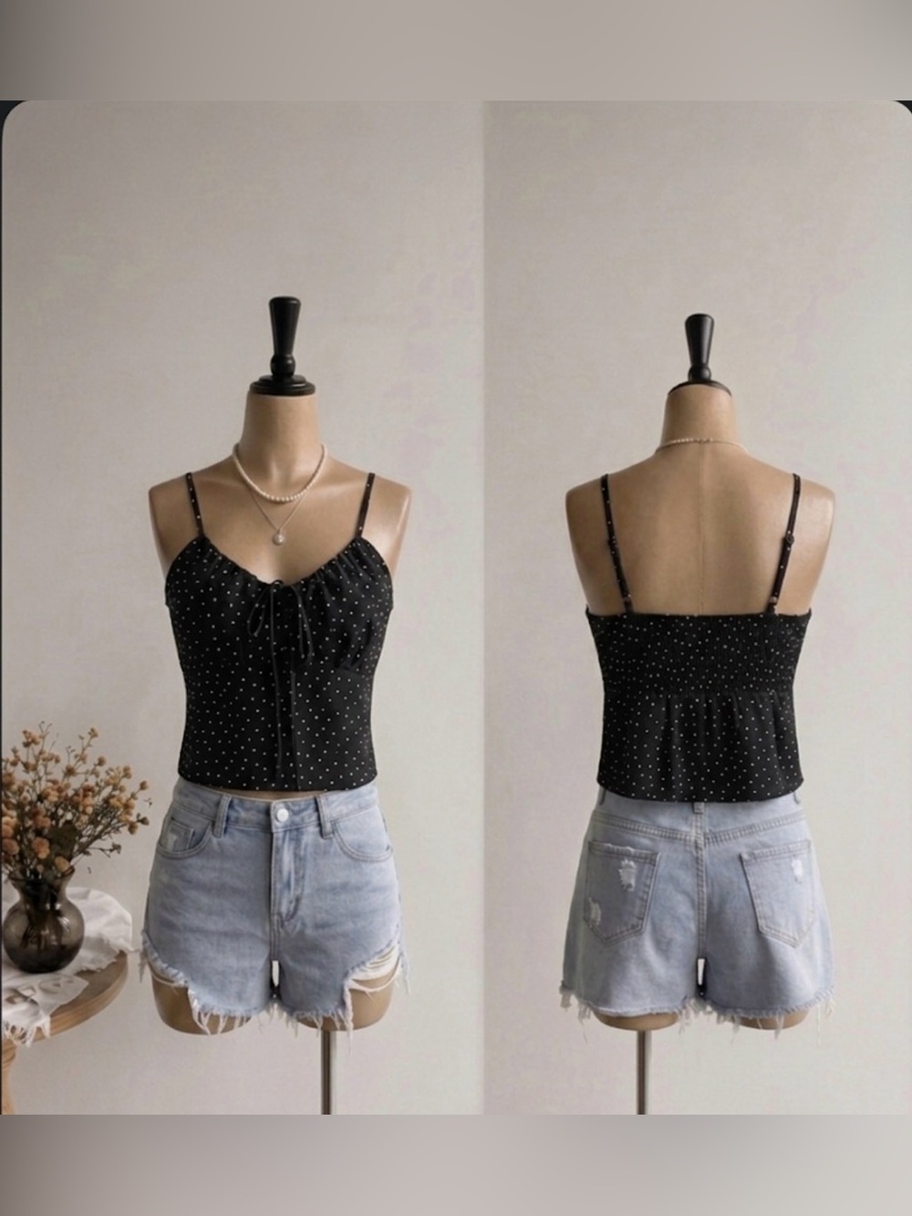 Women’s Black Polka Dot Tie-Front Cami with Smocked Back
